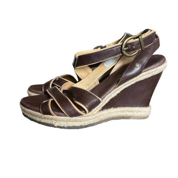 UGG Isabella Wedge Sandals Size 6 Brown Leather Strappy - Picture 5 of 14